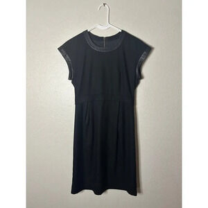 Authentic Celine Women 6 Black Wool A-Line Dress Mini Lamb Leather Designer Luxe